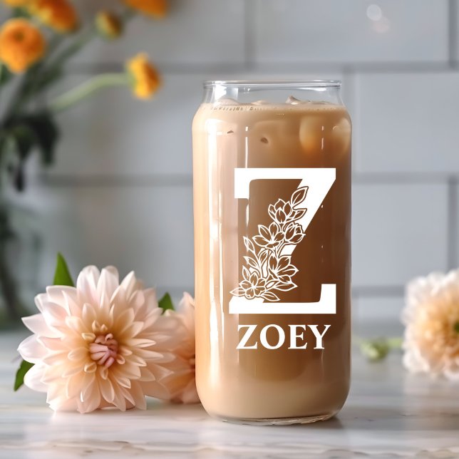 Floral Letter Z Monogram Personalized Name White Can Glass (Creator Uploaded)