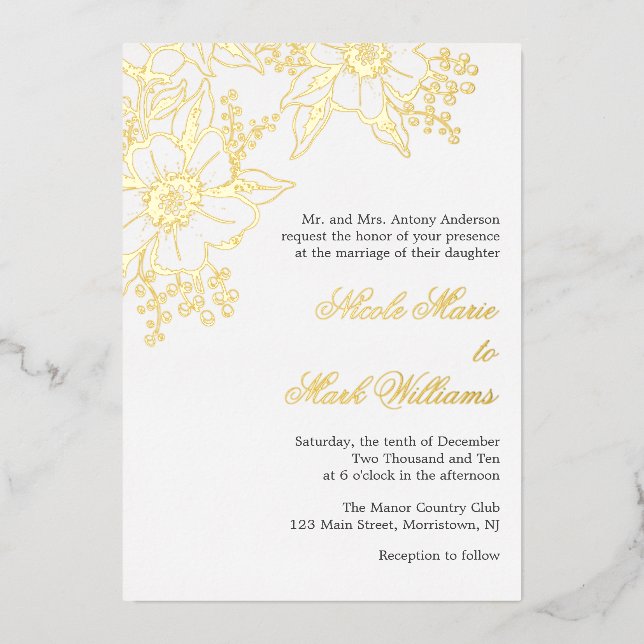 Floral Letterpress Style Wedding Foil Invitation (Front)