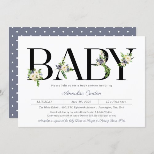 Floral Letters Blue  Cream Neutral Baby Shower Invitation