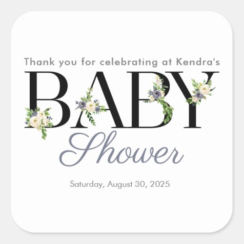 Floral Letters Blue  Cream Neutral Baby Shower Square Sticker