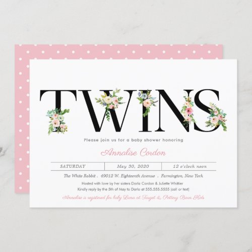 Floral Letters Pastel Pink Twin Girl Baby Shower Invitation
