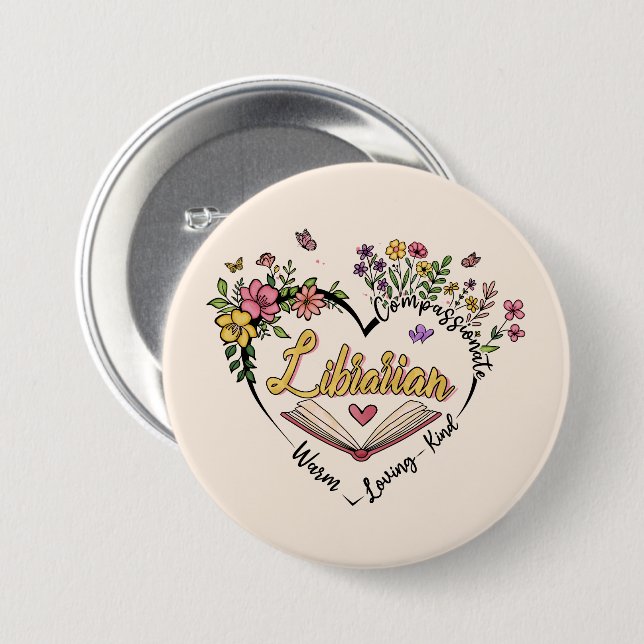 Floral Librarian Heart Button (Front & Back)