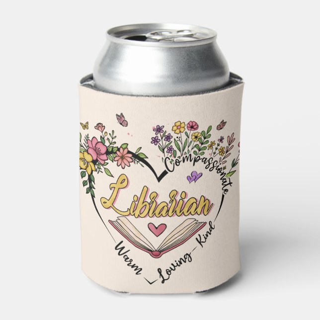 Floral Librarian Heart Can Cooler (Can Front)