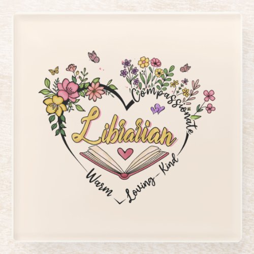 Floral Librarian Heart Glass Coaster