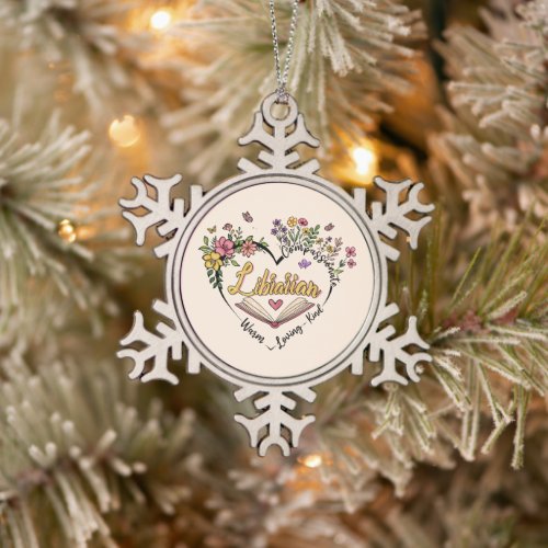 Floral Librarian Heart Snowflake Pewter Christmas Ornament