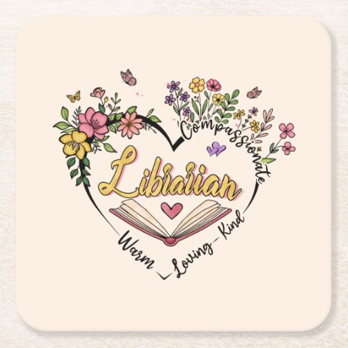Floral Librarian Heart Square Paper Coaster