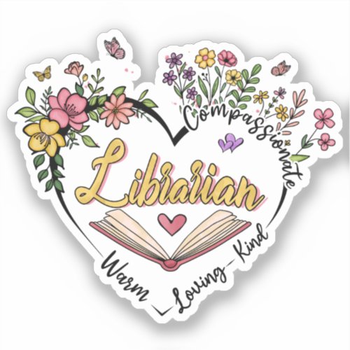 Floral Librarian Heart Sticker