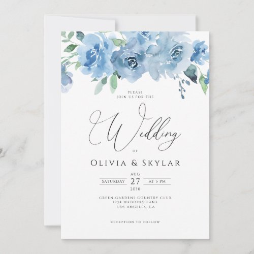 Floral Light Baby Blue QR Code All In One Wedding Invitation