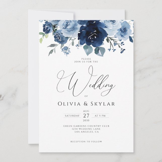 Floral Light Baby Blue QR Code All In One Wedding Invitation (Front)