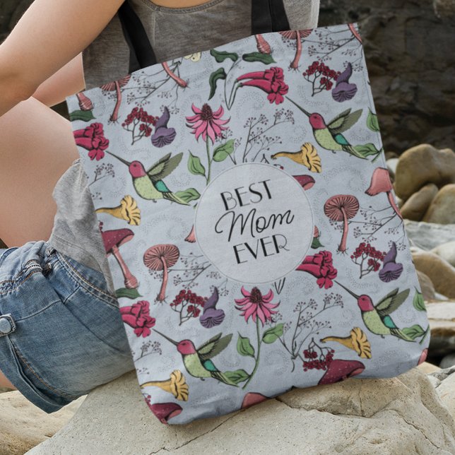 Floral Light Blue Hummingbird Garden Best Mom Ever Crossbody Bag (FRONT: Best Mom Ever Hand-Drawn Hummingbird, Flowers & Mushrooms
BACK: Photo & 2 Personalized Texts.)