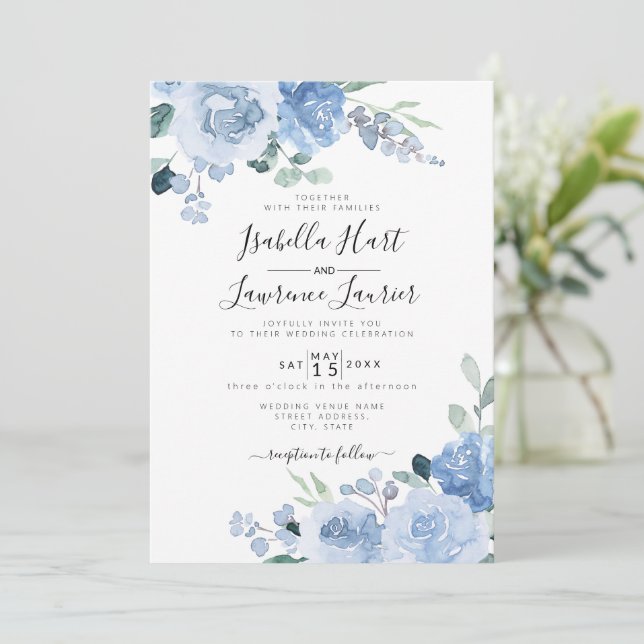 Floral Light Dusty Blue Botanical Wedding Invitation (Standing Front)