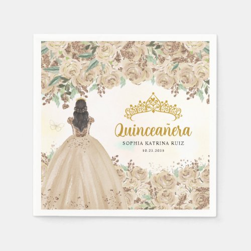 Floral Light Gold Dress Princess Tiara Quinceanera Napkins