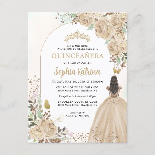 Floral Light Gold Princess Birthday Quinceanera Invitation Postcard
