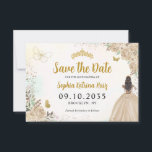 Floral Light Gold Princess Birthday Quinceanera Save The Date<br><div class="desc">Floral Light Champagne Gold Princess Gown Dress Glitter Sparkle Tiara Crown Butterfly 15th Birthday Quinceanera Save the Date</div>