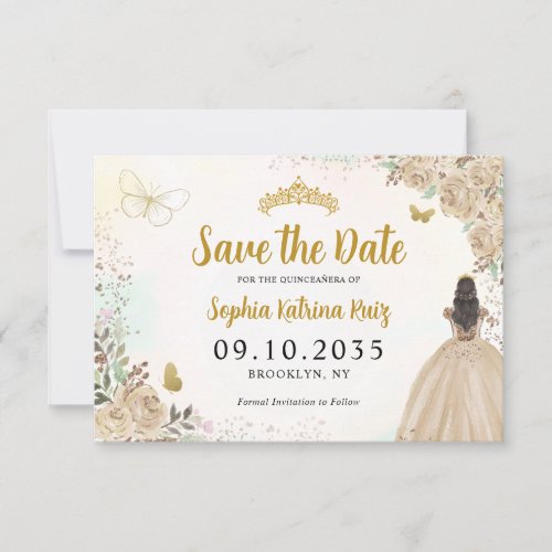 Floral Light Gold Princess Birthday Quinceanera Save The Date