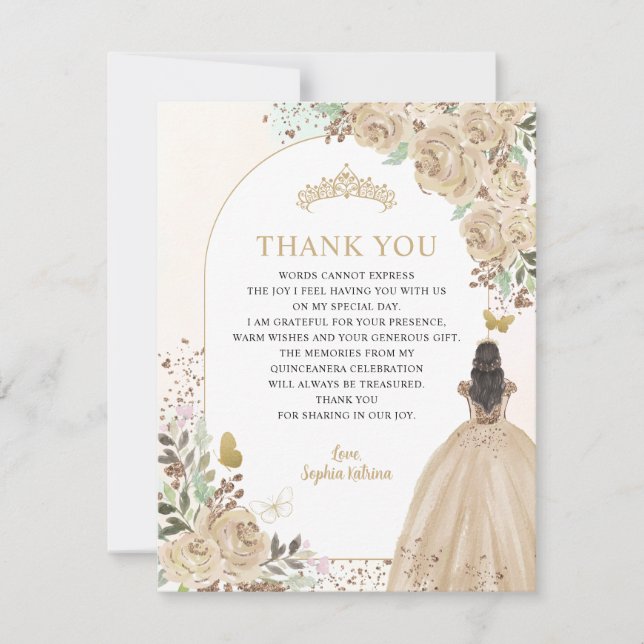 Floral Light Gold Princess Quinceanera Thank You (Front)
