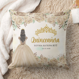 Floral Light Gold Princess Tiara Quinceanera  Throw Pillow