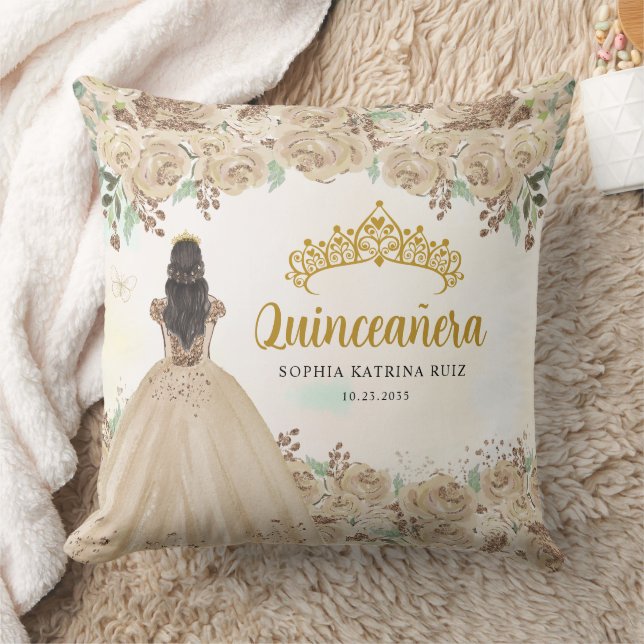 Floral Light Gold Princess Tiara Quinceanera  Throw Pillow (Blanket)
