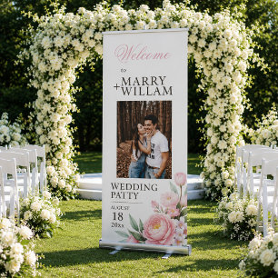 Floral Light Pink Rosу Welcome Wedding Party Retractable Banner