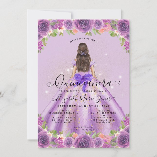 Floral Light Purple Gold Glam Princess Quinceanera Invitation (Front)