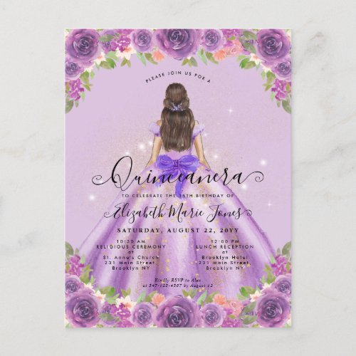 Floral Light Purple Gold Glam Princess Quinceanera Postcard