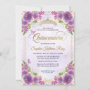 Floral Light Purple Gold Glitter Crown Quinceañera Invitation