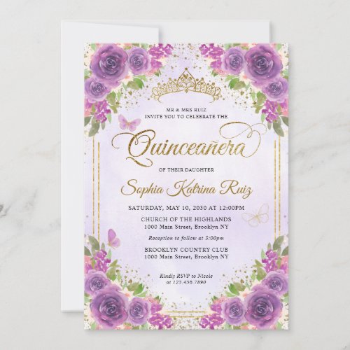 Floral Light Purple Gold Glitter Crown Quinceaera Invitation