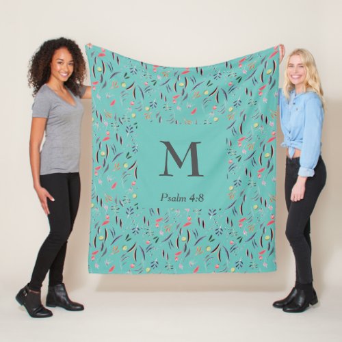 FLORAL Light Teal  MONOGRAM  Christian Fleece Blanket