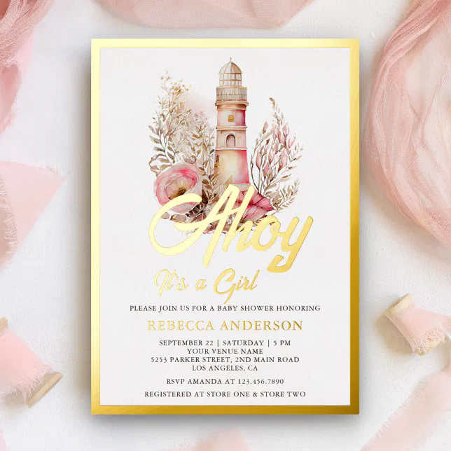 Floral Lighthouse Nautical Girl Baby Shower Gold Foil Invitation Zazzle
