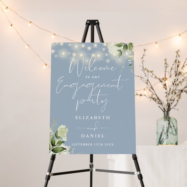 Floral Lights Dusty Blue Engagement Welcome Sign (In Situ (Stand))