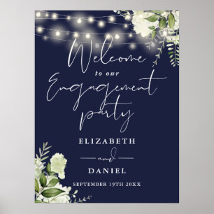 Floral Lights Navy Blue Engagement Welcome Sign
