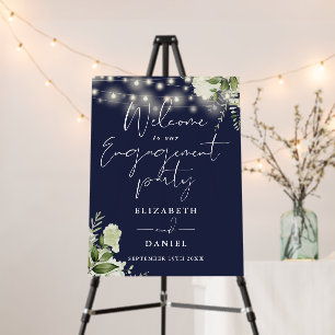 Floral Lights Navy Blue Engagement Welcome Sign