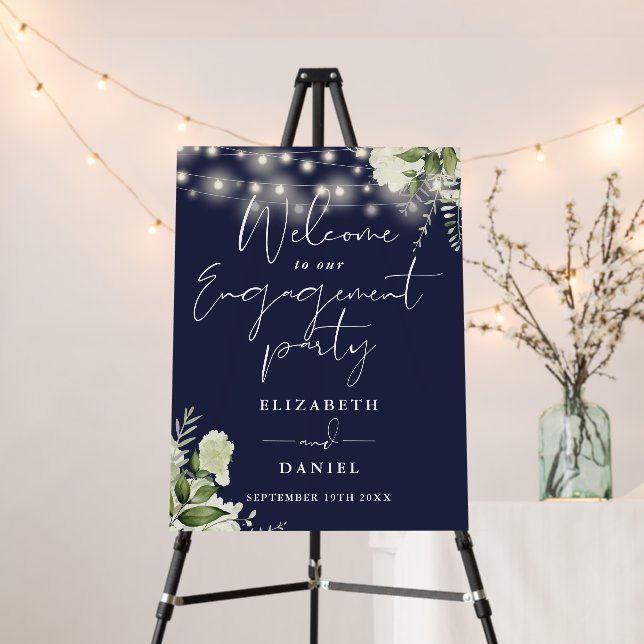 Floral Lights Navy Blue Engagement Welcome Sign (In Situ (Stand))