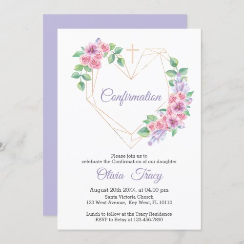 Floral LIlac Confirmation With Gold Heart Invitation