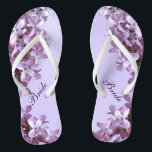 Floral Lilac Flowers Wedding Bridal Flip Flops<br><div class="desc">Lilacs are the theme of these elegant floral Bride wedding flip flops with pink and mauve lilac flowers on a purple background.  The text can be customized for your special occasion.</div>