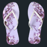Floral Lilac Flowers Wedding Bridal Flip Flops<br><div class="desc">Lilacs are the theme of these elegant floral Bride wedding flip flops with pink and mauve lilac flowers on a purple background. The text can be customized for your special occasion.</div>