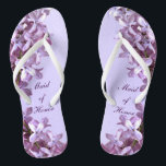 Floral Lilac Flowers Wedding Maid of Honor Flip Flops<br><div class="desc">Lilacs are the theme of these elegant floral Maid of Honor wedding flip flops with pink and mauve lilac flowers on a purple background.  The text can be customized for your special occasion.</div>