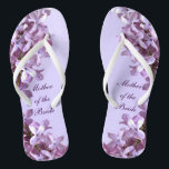 Floral Lilac Flowers Wedding Mother of the Bride Flip Flops<br><div class="desc">Lilacs are the theme of these elegant floral Mother of the Bride wedding flip flops with pink and mauve lilac flowers on a purple background.  The text can be customized for your special occasion.</div>