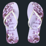 Floral Lilac Flowers Wedding Mother of the Groom Flip Flops<br><div class="desc">Lilacs are the theme of these elegant floral Mother of the Groom wedding flip flops with pink and mauve lilac flowers on a purple background.  The text can be customized for your special occasion.</div>