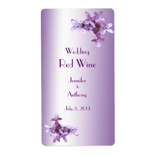 Floral Lilac Flowers Wedding Red Wine Label (Front)