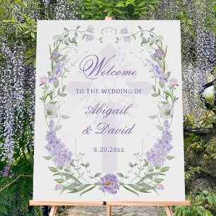 Floral Lilac Frame Religious Wedding Welcome Foam Board