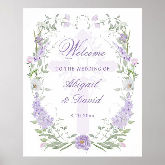 Floral Lilac Frame Religious Wedding Welcome Poster (Front)