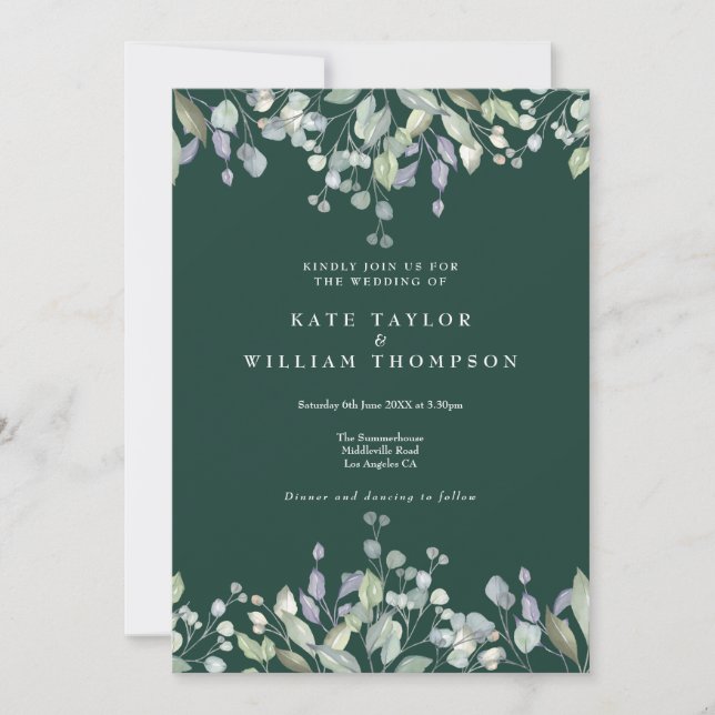 Floral Lilac Greenery Emerald QR Code Wedding Invitation (Front)