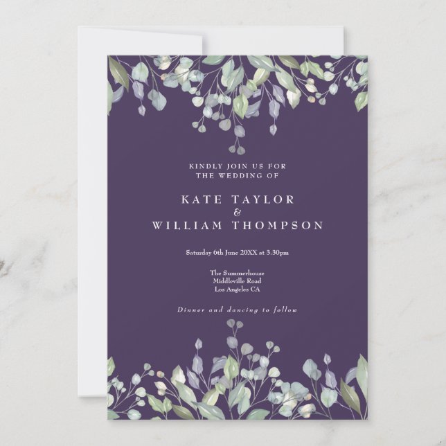 Floral Lilac Greenery Purple QR Code Wedding Invitation (Front)