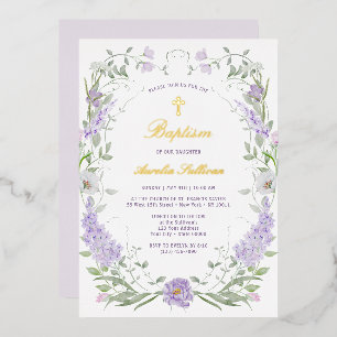 Floral Lilac Lavender Frame Baptism Foil Invitation