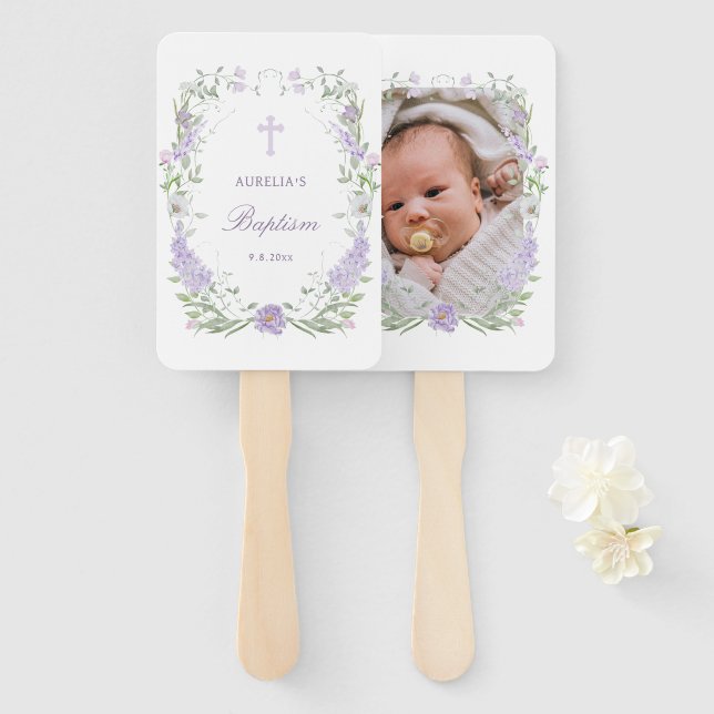 Floral Lilac Lavender Frame Baptism Hand Fan (Front and Back)