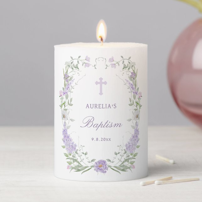 Floral Lilac Lavender Frame Baptism Pillar Candle (In Situ)