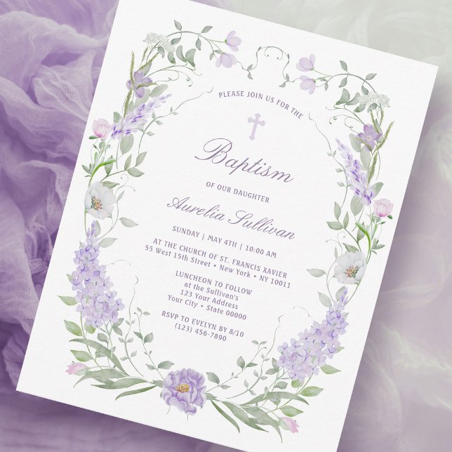 Floral Lilac Lavender Frame Baptism Small Size Invitation (Creator Uploaded)