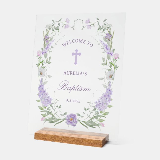 Floral Lilac Lavender Frame Baptism Welcome Acrylic Sign (Angle)