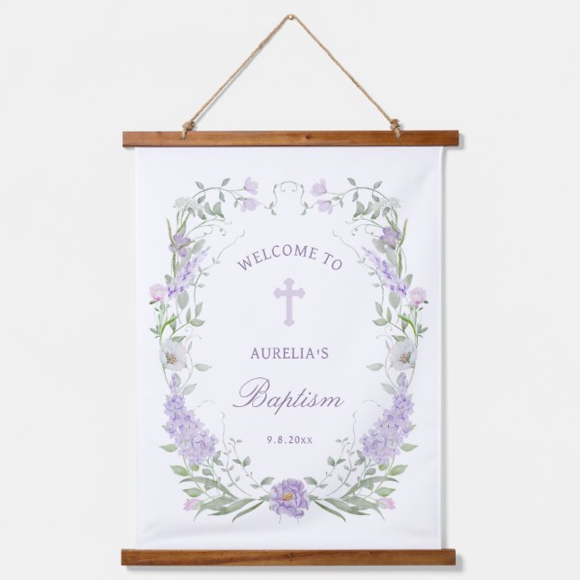 Floral Lilac Lavender Frame Baptism Welcome Hanging Tapestry (Front)